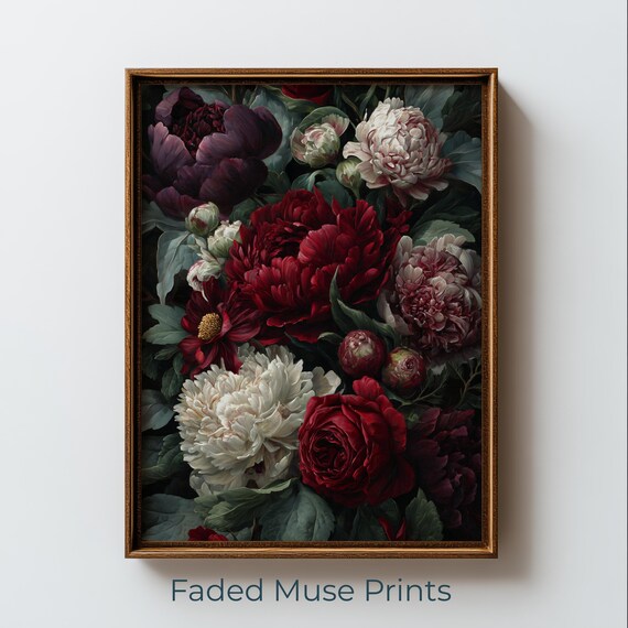 Vintage Dark Floral Red Peonies Roses Cream Blooms Dramatic Art Poster