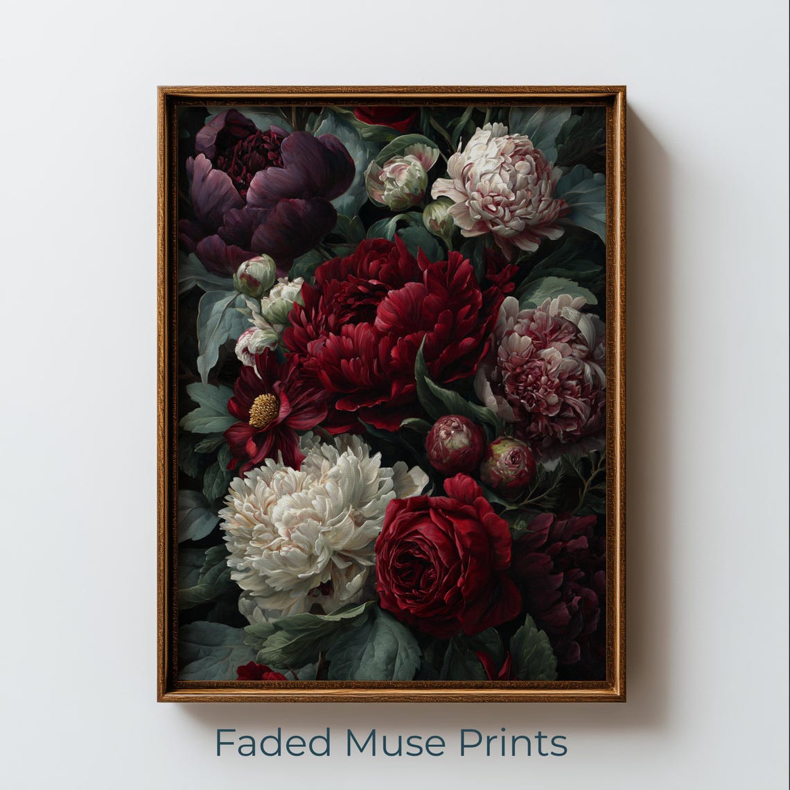 Vintage Dark Floral Red Peonies Roses Cream Blooms Dramatic Art Poster