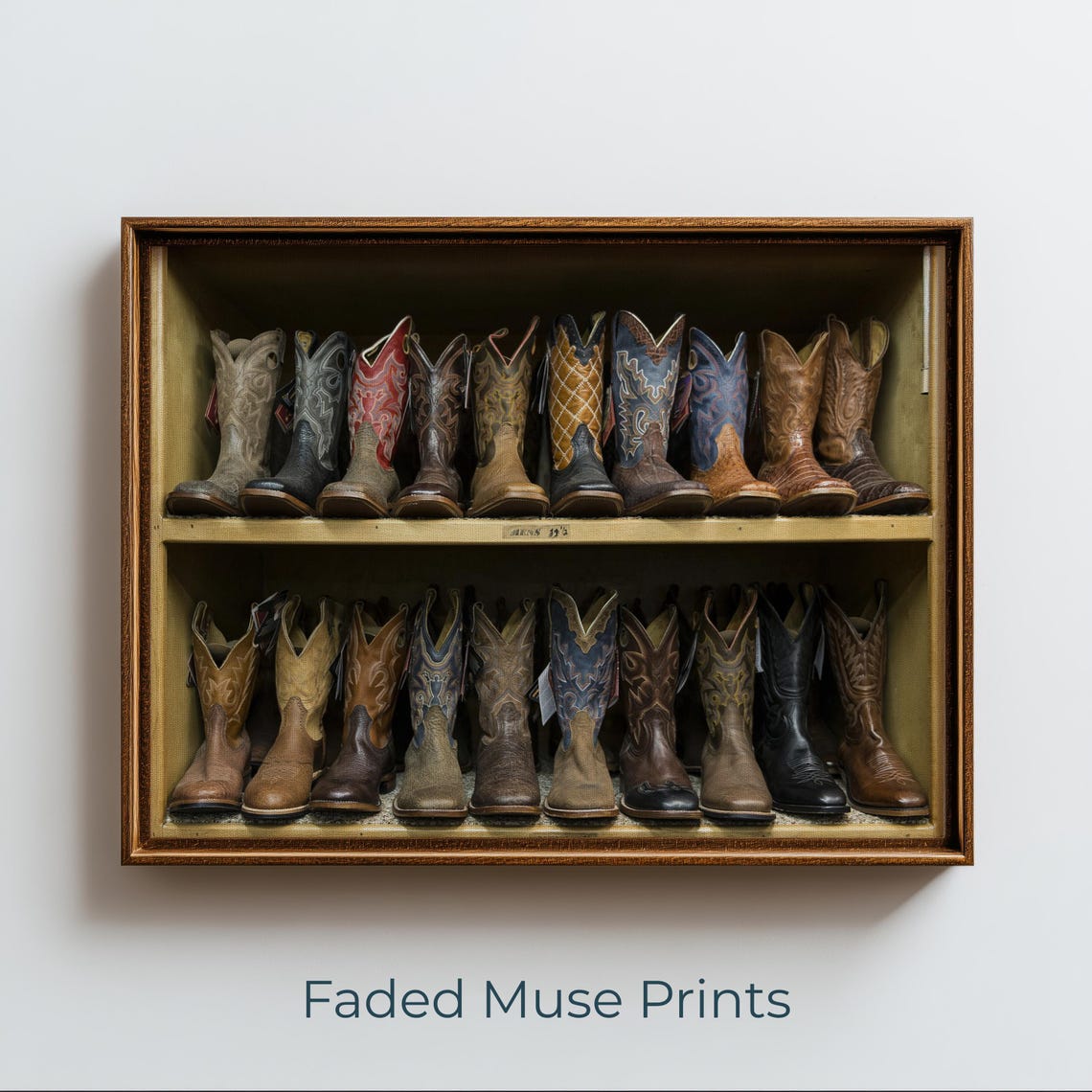 Vintage Cowboy Boots Shelf Display Rustic Western Decor Art Poster