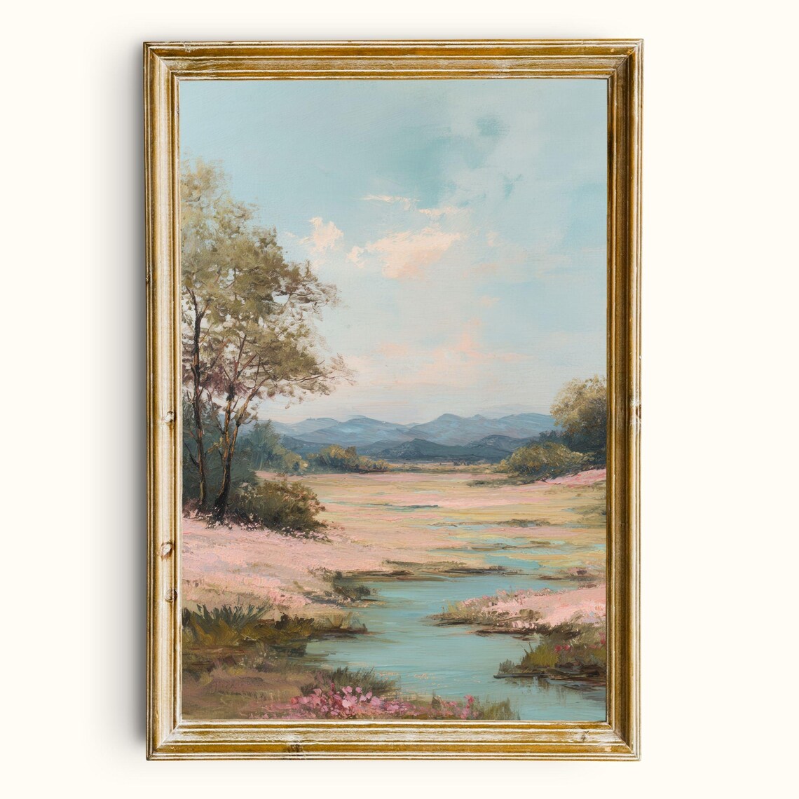 Vintage River Landscape Pastel Spring Meadow Pink Blossoms Mountain Poster
