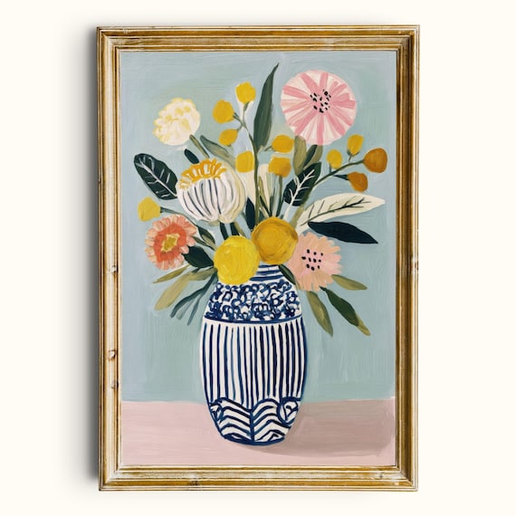 Colorful Floral Bouquet Print Blue Striped Vase Printable Wall Art Folk Flowers Digital Download