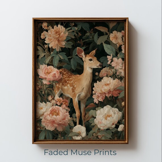 Vintage Fawn Among Peonies Cottagecore Botanical Deer Art Poster