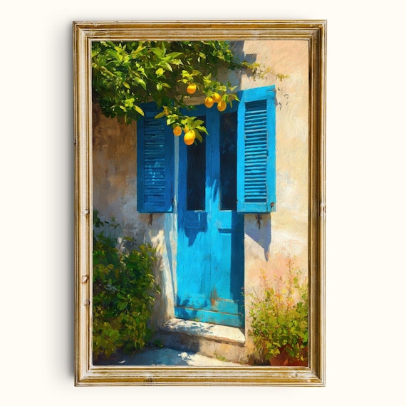 Bright Blue Mediterranean Door With Lemon Tree Sunny Cottage Wall Art