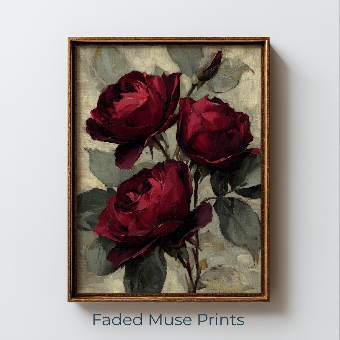 Dark Crimson Rose Trio Oil Painting Poster Moody Vintage Floral Decor