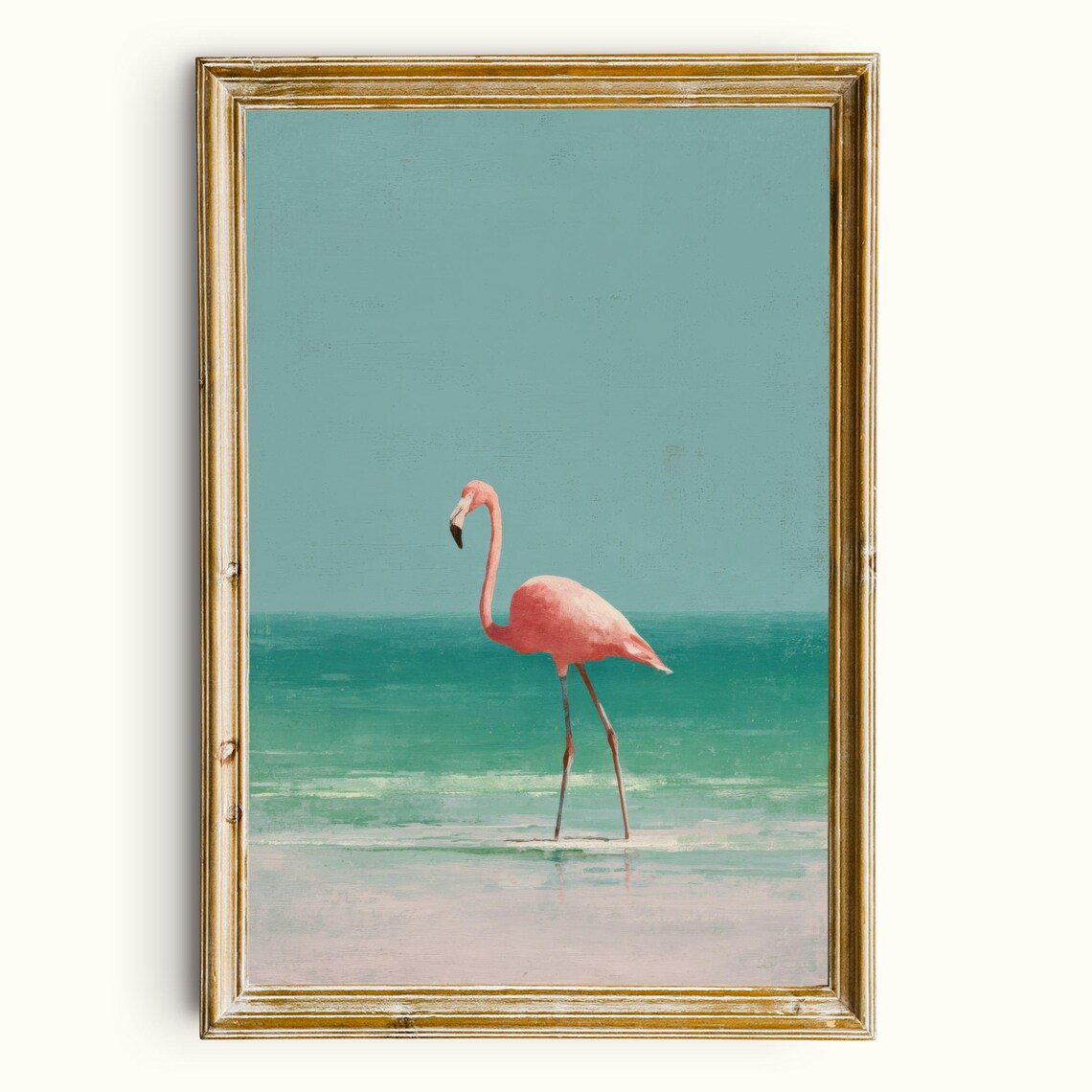 Vintage Flamingo Print, Coastal Beach Travel Poster