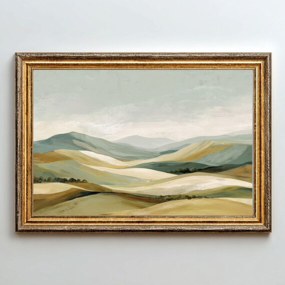 Neutral Rolling Hills Landscape in Sage Green and Olive Minimalist Poster