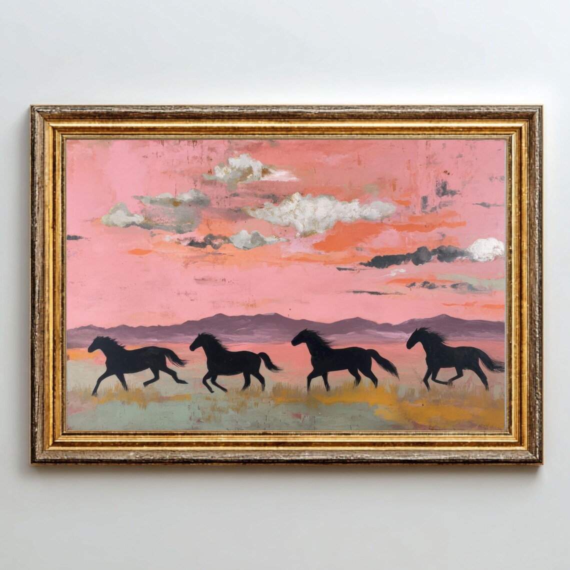 Running Horses Pink Desert Sunset Landscape Print