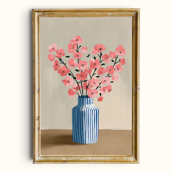 Pink Floral Vase Printable Art Blue Striped Minimalist Botanical Print Digital Download