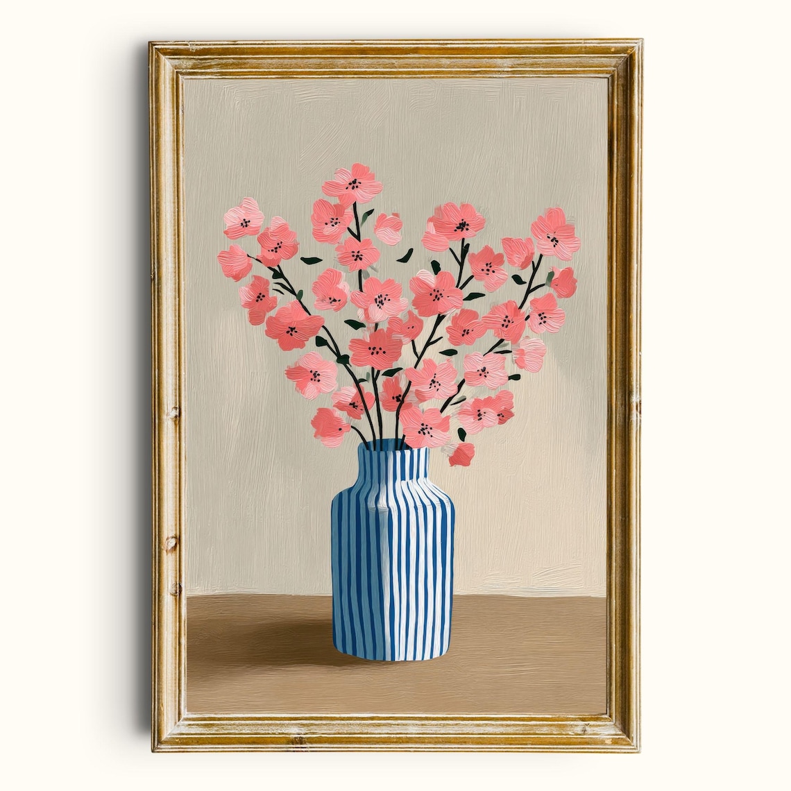 Pink Blossom Stems in Blue Striped Vase Minimalist Botanical Floral Poster
