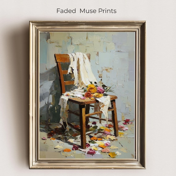 Vintage Floral Chair Still Life Cottage Rose Petals Art Poster