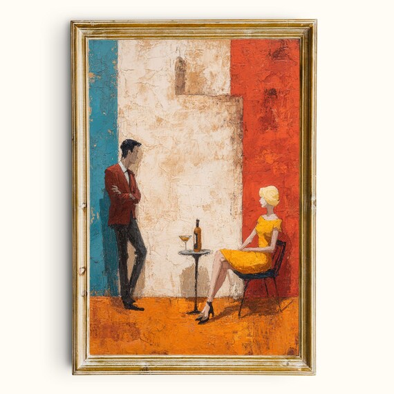 Modern Cafe Scene Art Midcentury Style Couple Painting Bold Color Figurative Wall Printable Instant Download