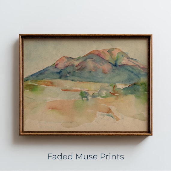 Soft Watercolor Mountain Landscape Print Muted Vintage Pastel Artwork