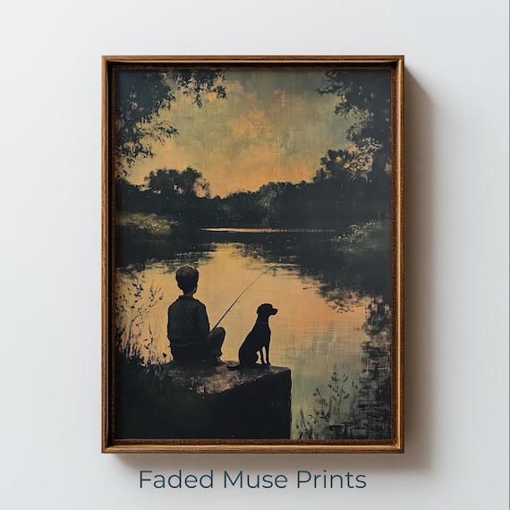 Boy Fishing With Dog At Sunset Vintage Lake Silhouette Poster