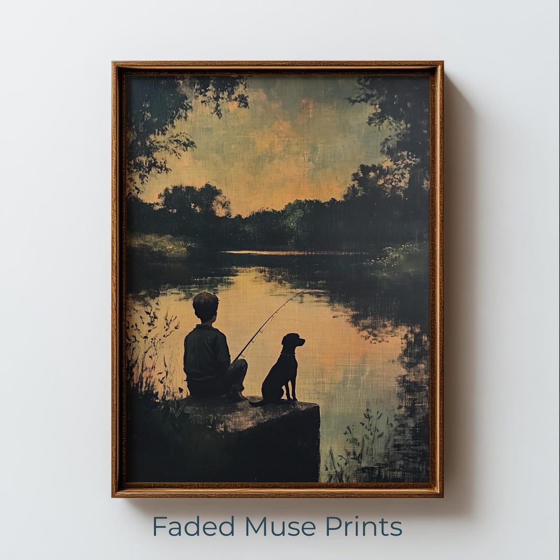 Boy Fishing With Dog At Sunset Vintage Lake Silhouette Poster