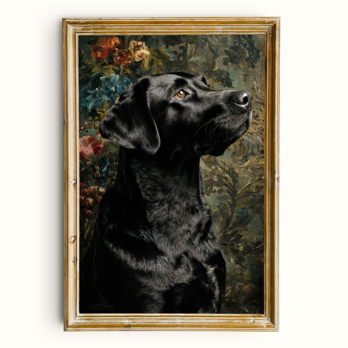 Vintage Black Labrador Portrait, Dark Academia Art Print