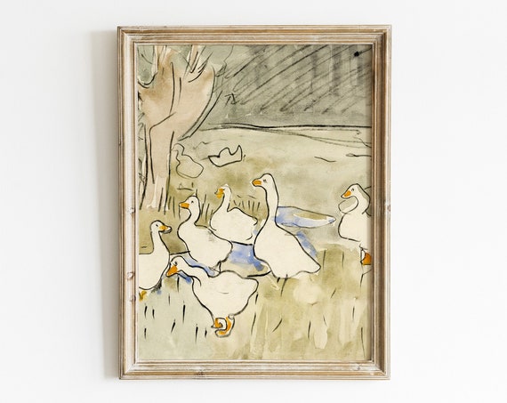 Vintage Duck Wall Art Antique Geese Watercolor Painting Nursery Decor Farm Animal Prints Kids Room