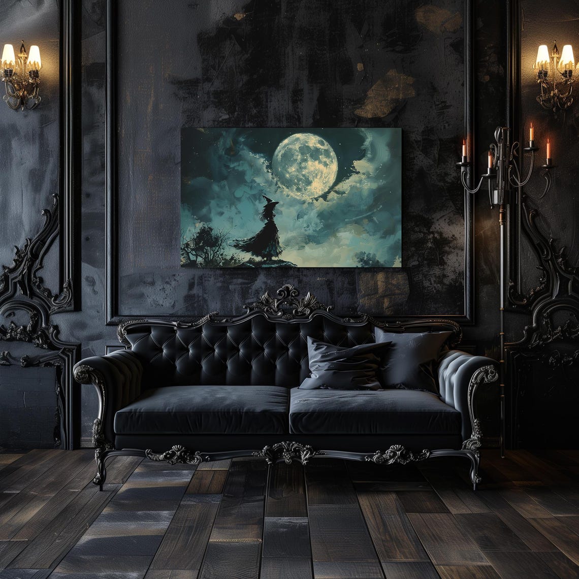 Lone Witch Silhouette on Dark Hill Under Giant Full Moon Poster