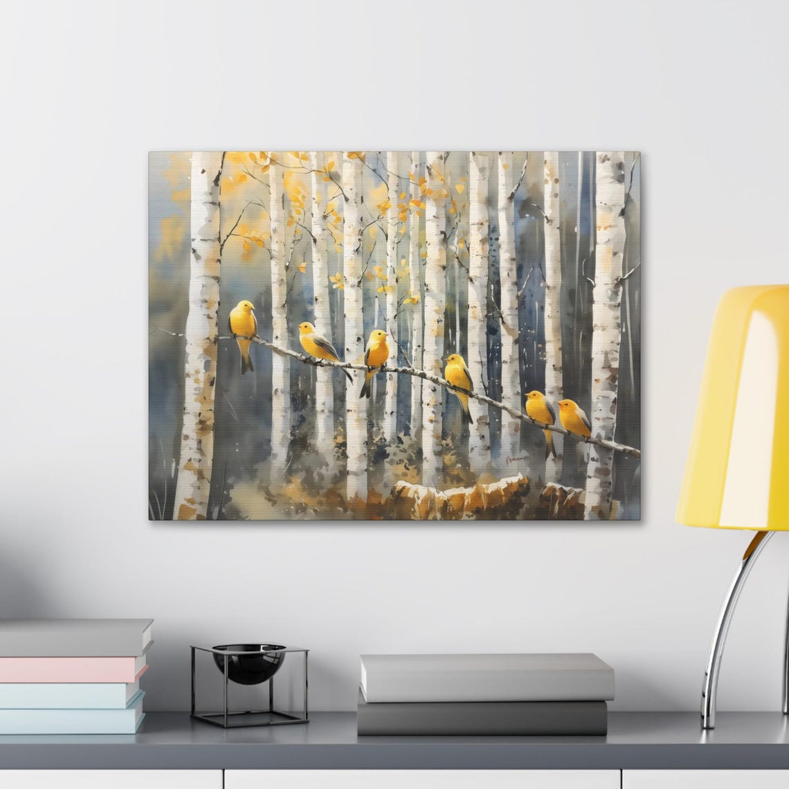 Six Bright Yellow Birds On A Branch Among White Aspen Trees Poster - Image 2
