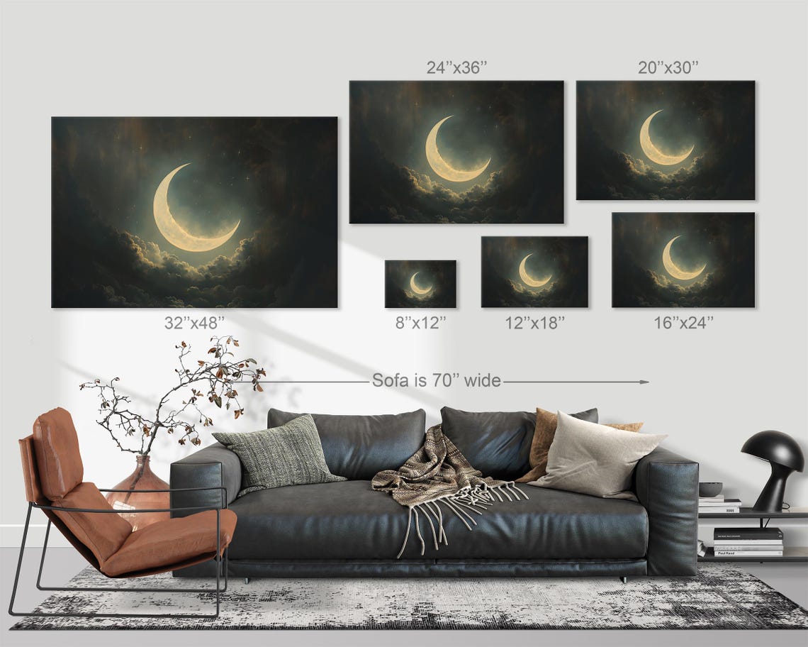 Luminous Crescent Moon Dark Cloudy Night Sky Celestial Print - Image 3