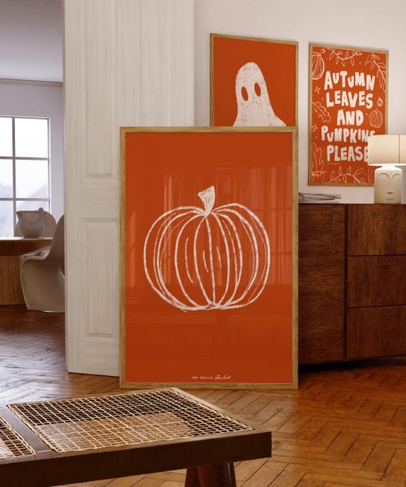 Orange Pumpkin Print Poster, Vintage Halloween Decor