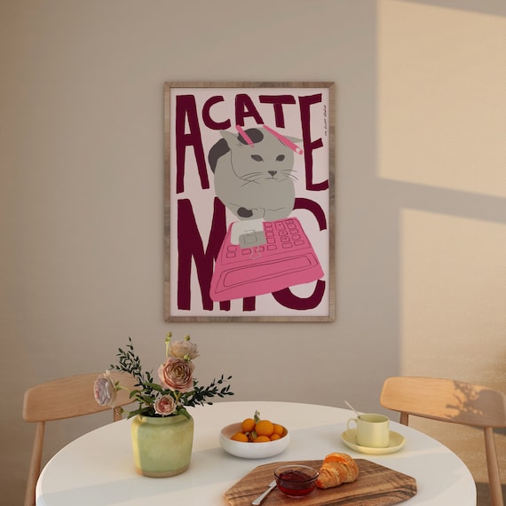 Acatdemic Cat Print Poster Vintage Trendy Retro Illustration Mid Century Modern Kitchen Wall Art
