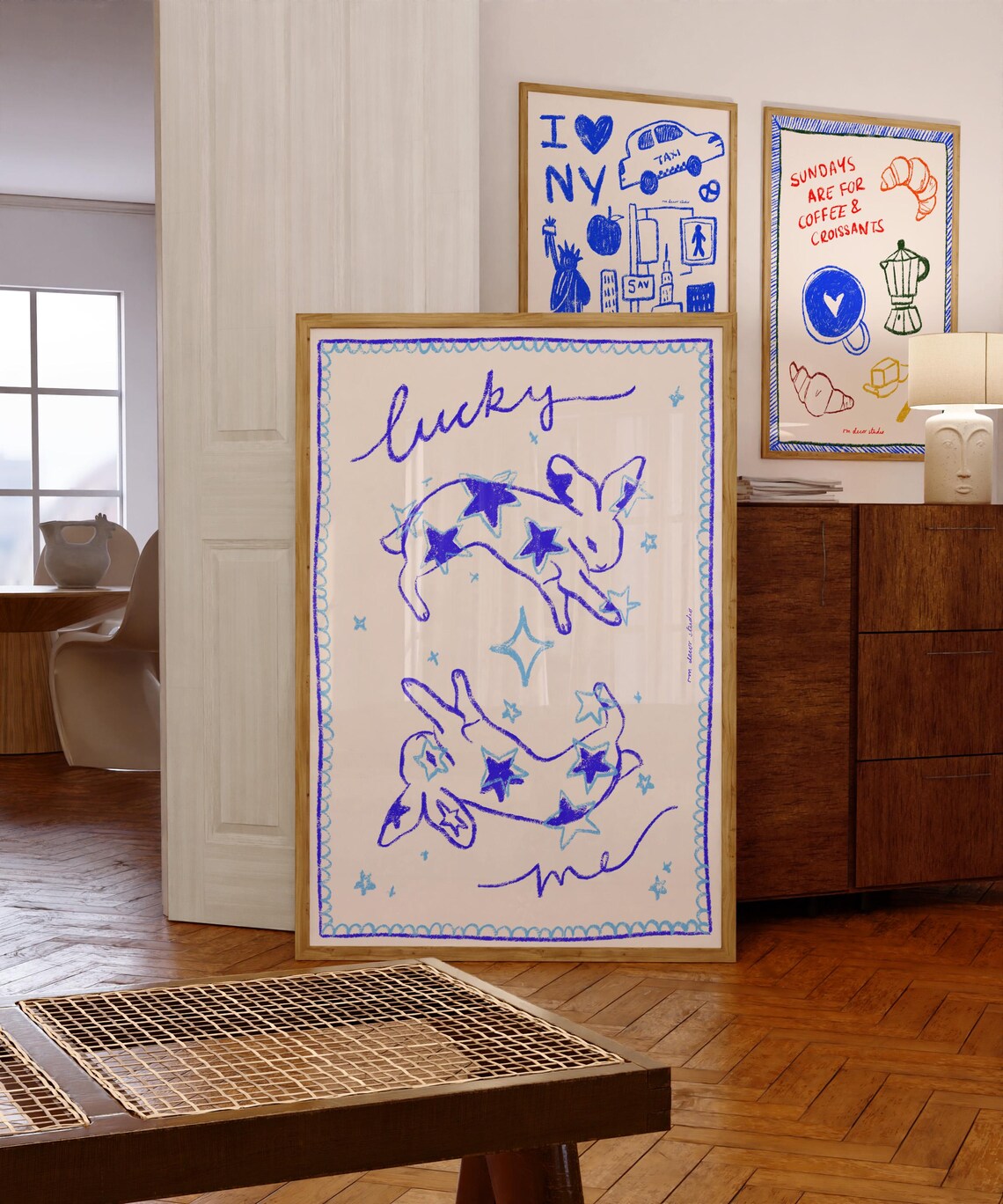 Lucky Me Bunnies Retro Rabbit Illustration Art Print