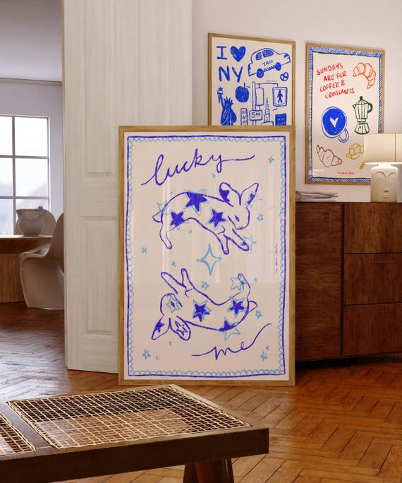 Lucky Me Bunnies Retro Rabbit Illustration Art Print