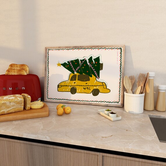 NYC Yellow Taxi Carrying Christmas Tree Whimsical Festive Art Poster