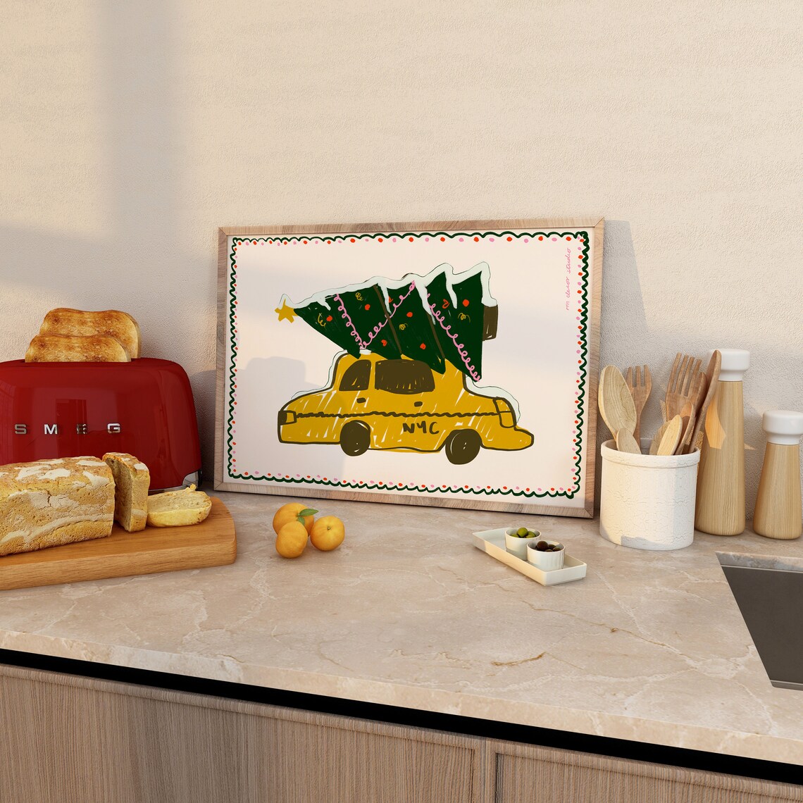 Nyc Christmas Taxi Cab Print Poster Funny Art Trendy Tree Illustration Lights Modern Wall