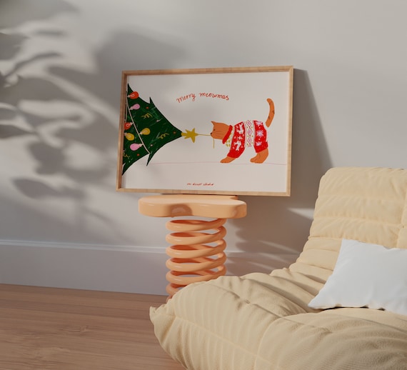 Merry Meowmas Cat in Sweater Christmas Tree Funny Animal Poster