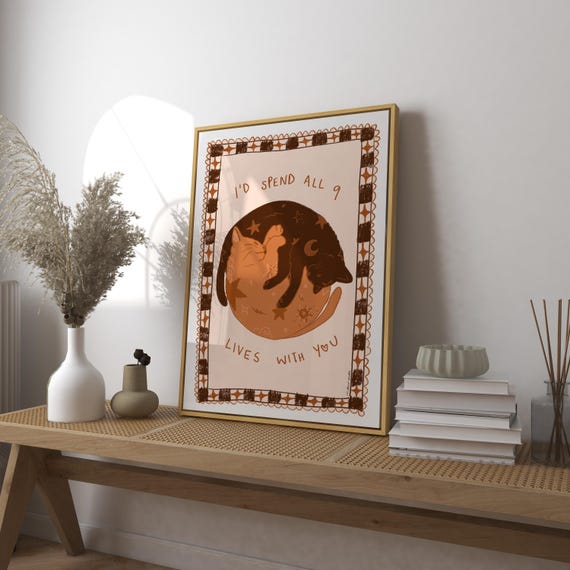 Id Spend All 9 Lives With You A1 Size Art Print Poster Hand Drawn Cute Cats Cat Lover Gift Quote