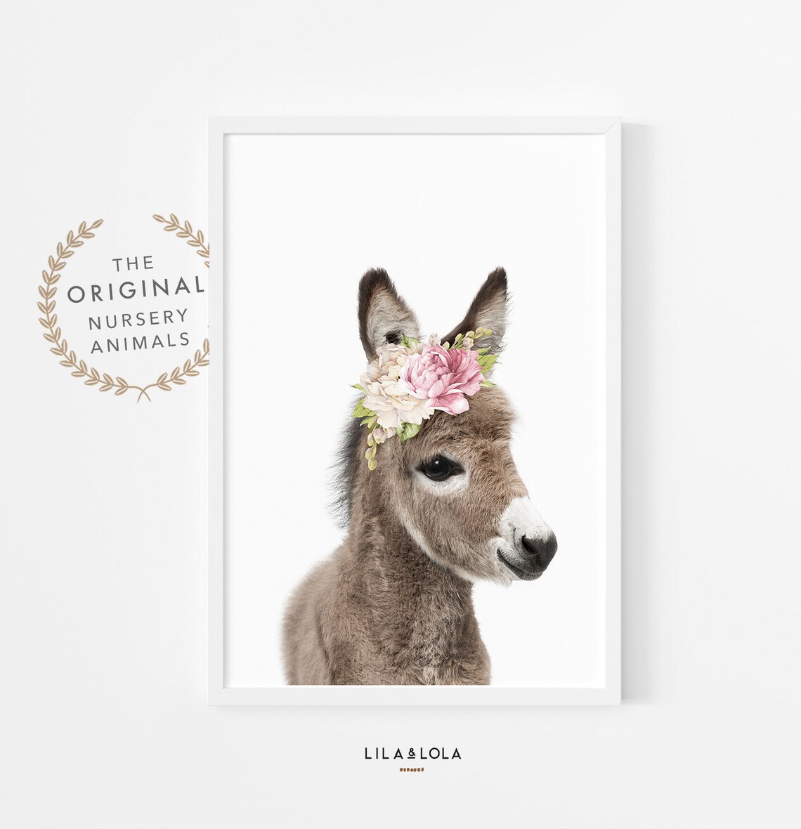 Baby Donkey Print, Floral Crown Nursery Art