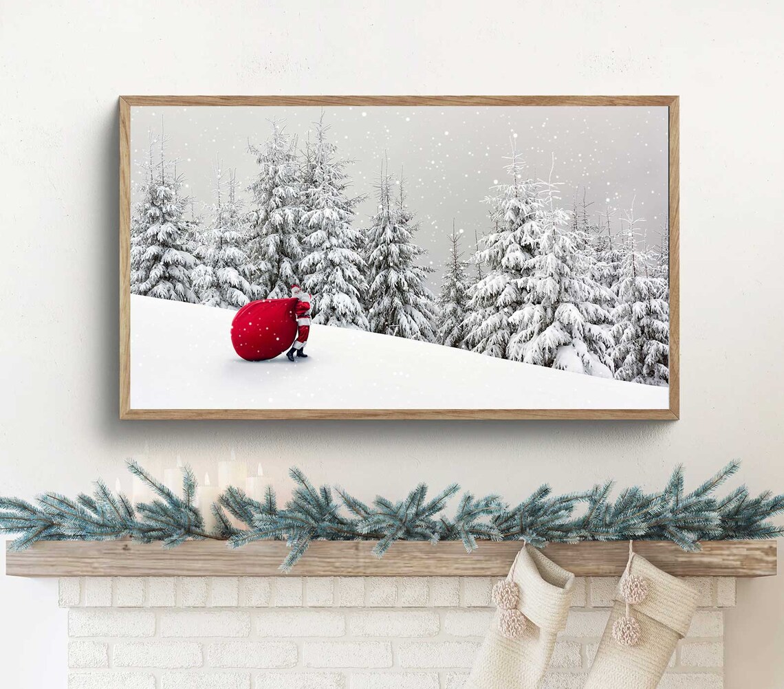 Christmas Santa Snowy Pine Forest Art Print