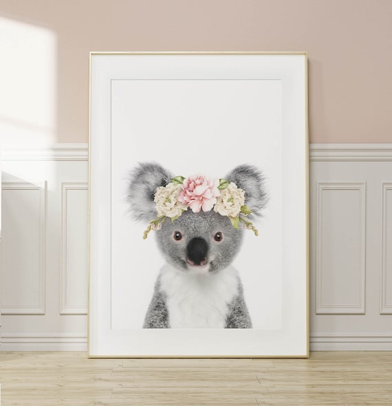 Koala Print Baby Animal With Floral Crown Nursery Wall Art