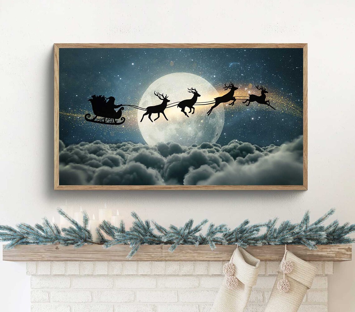 Christmas Santa Sleigh Art Print, Night Sky