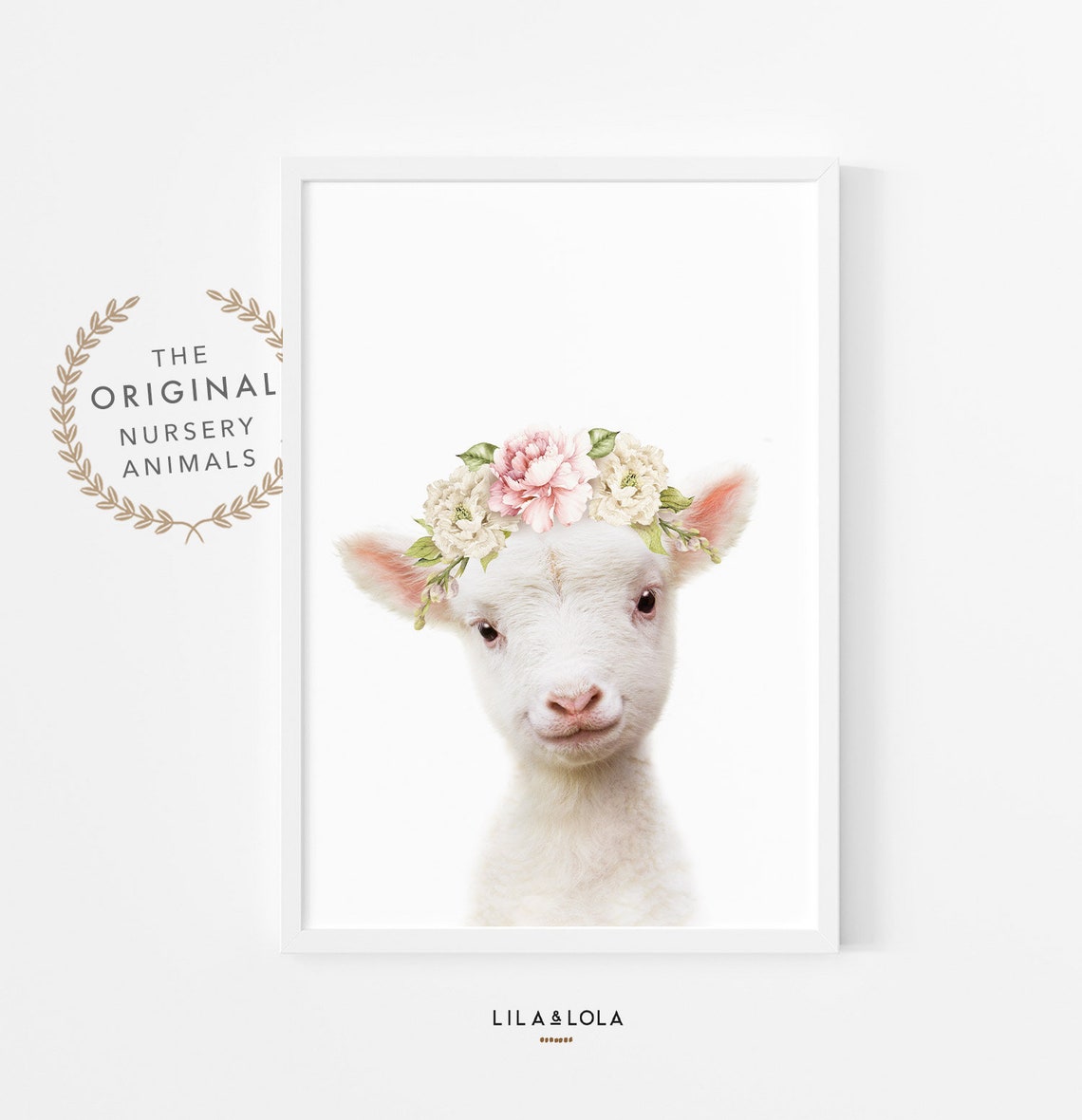 Baby Lamb with Floral Crown Watercolor Nursery Animal Art Poster