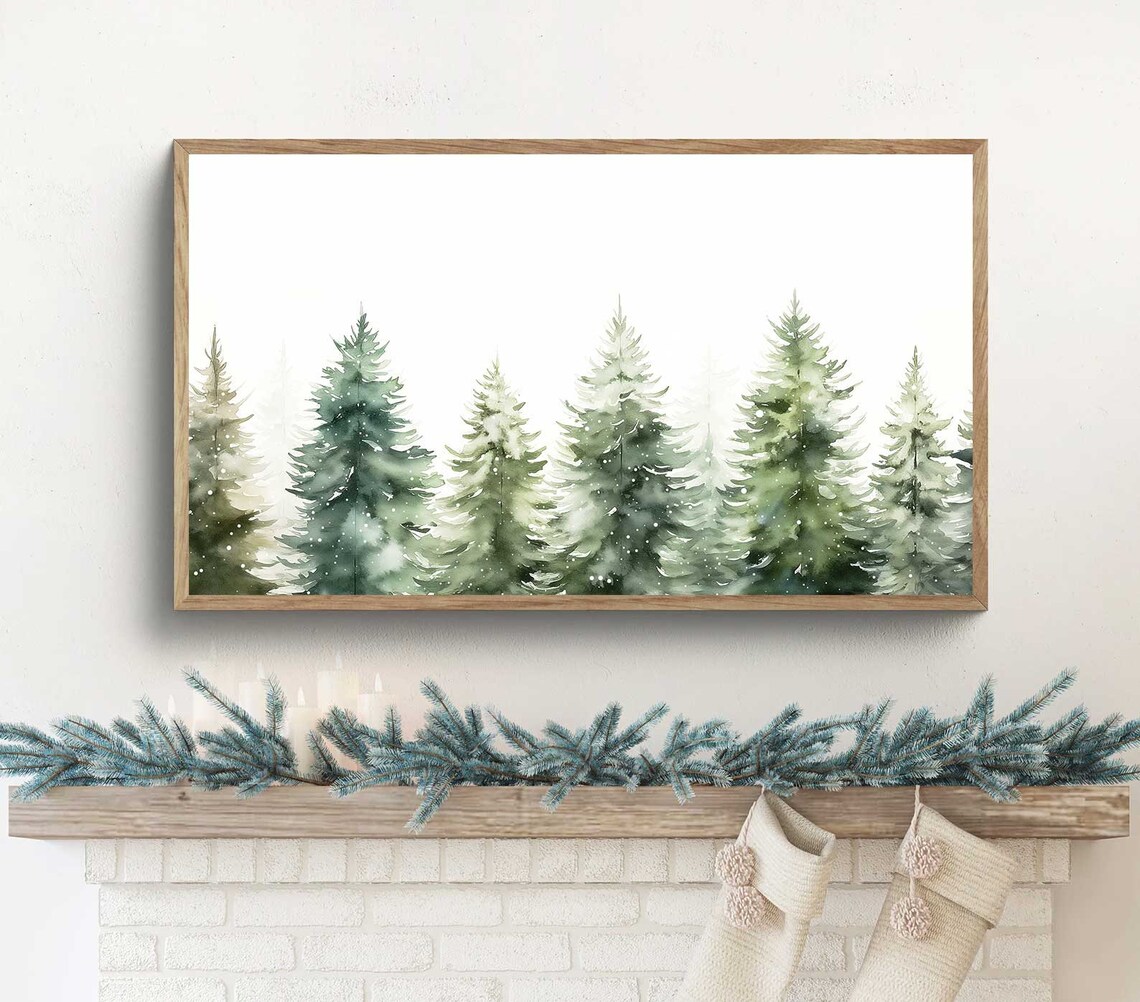 Christmas Tree Watercolor Painting, Winter Forest Art Print