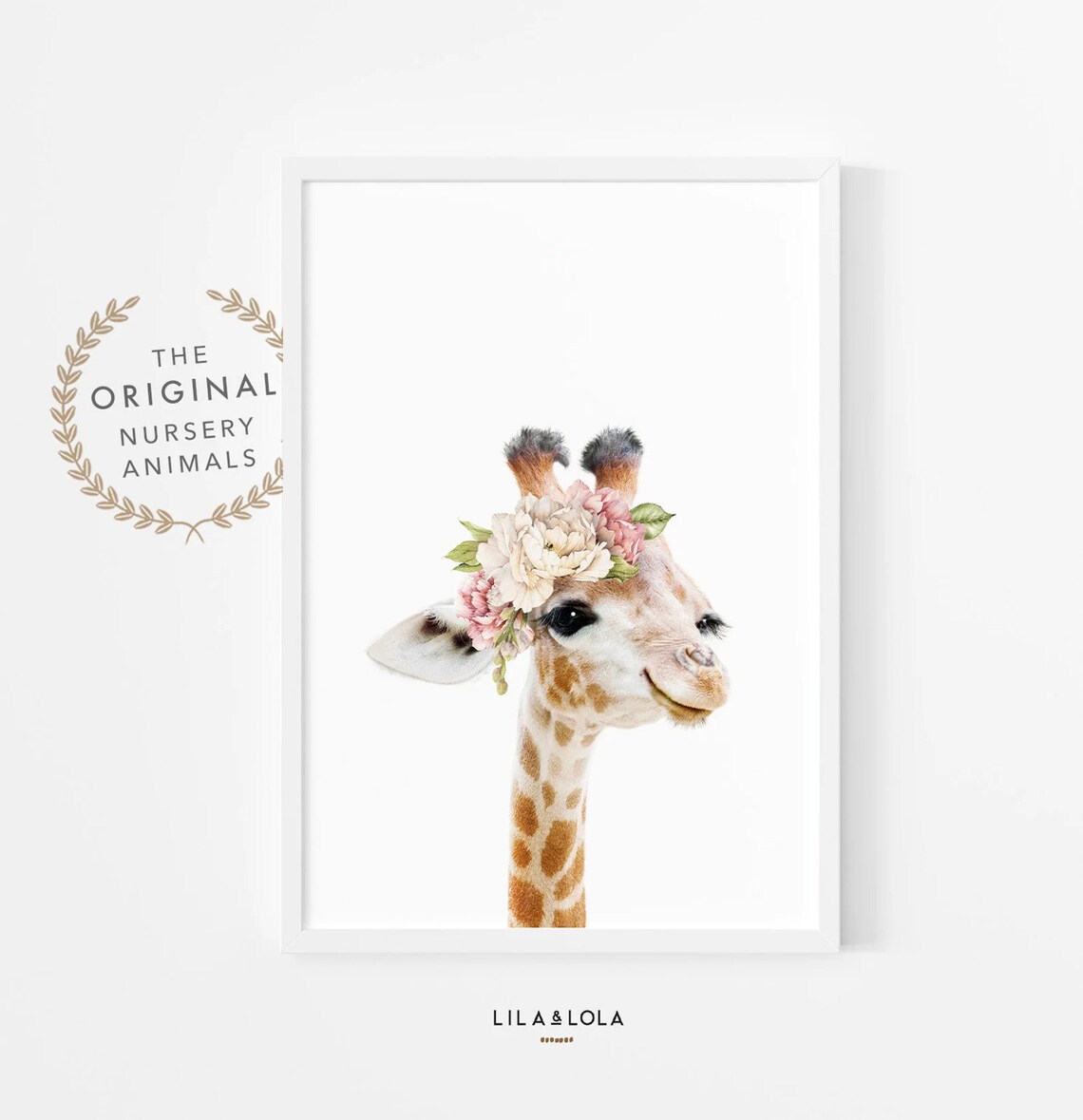 Baby Giraffe Pink Floral Crown Nursery Art Print
