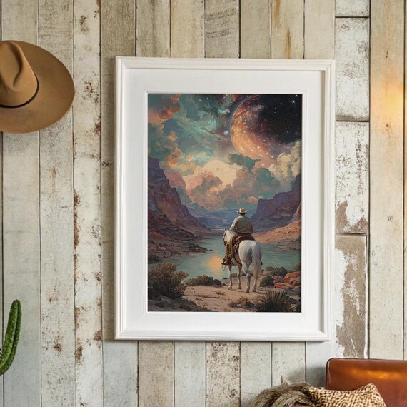 Cowboy On Horseback Giant Planet Surreal Western Canyon Art Poster
