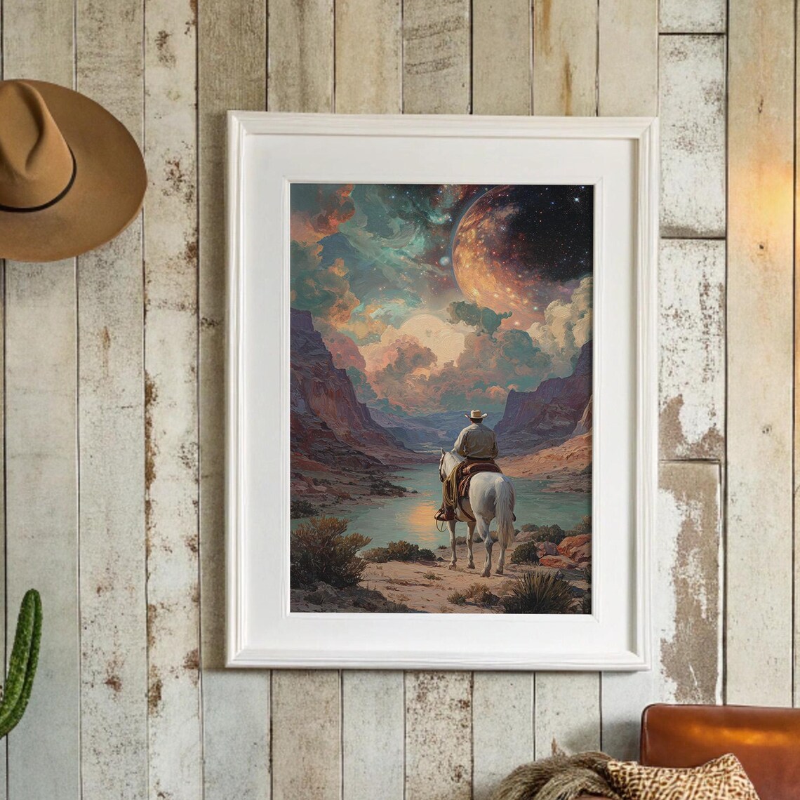 Cowboy On Horseback Giant Planet Surreal Western Canyon Art Poster