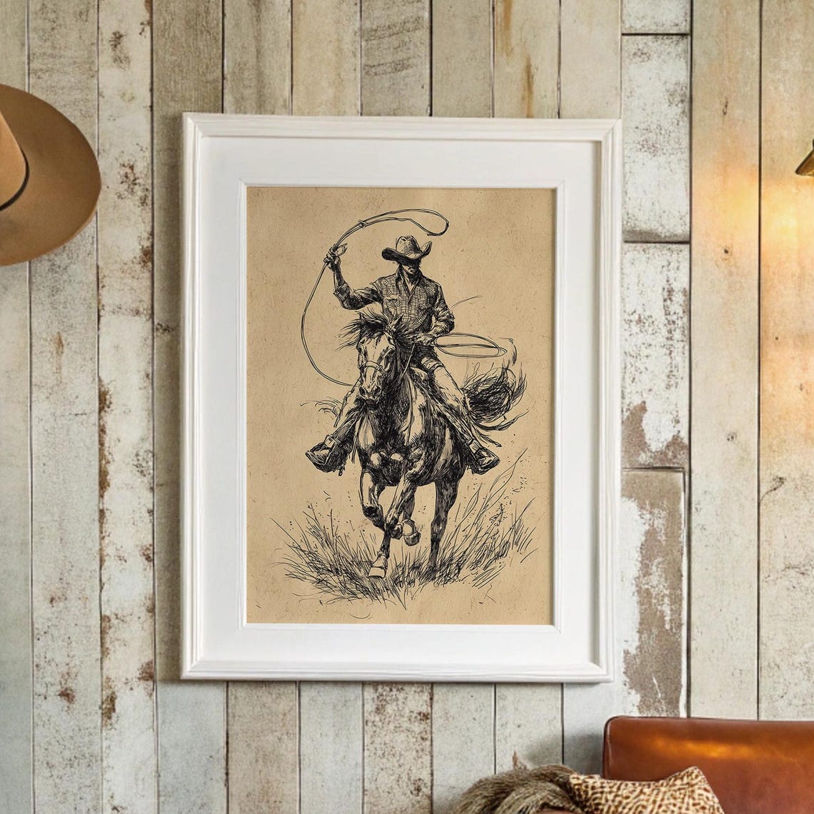 Cowboy Swinging Lasso on Galloping Horse Vintage Ink Art Print