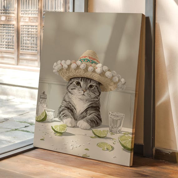 Sombrero Cat With Tequila And Lime Illustration