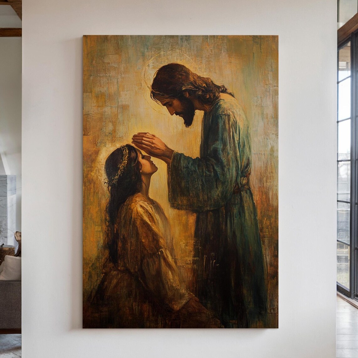 Jesus Blessing a Kneeling Woman in Warm Golden Oil Painting Style Poster