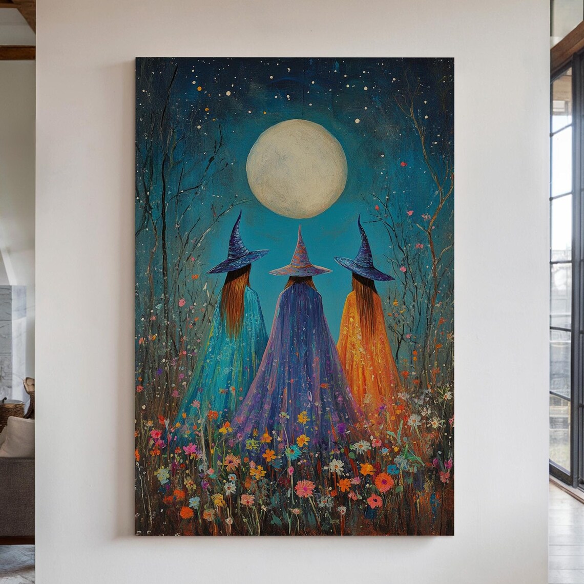 Three Witches Gazing at the Full Moon in a Wildflower Meadow Poster