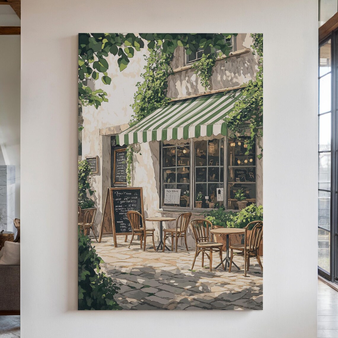 Vintage French Caf Wall Art Outdoor Bistro Scene With Ivy And Green Striped Awning European Coffee Shop Print
