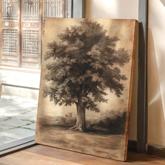 Vintage Oak Tree Sketch Art Print, Rustic Botanical