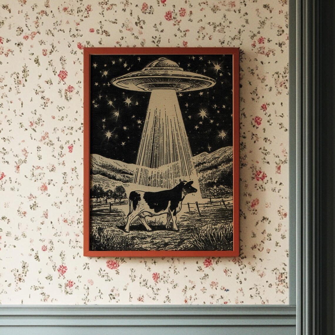 Retro UFO Cow Abduction Vintage Poster Print
