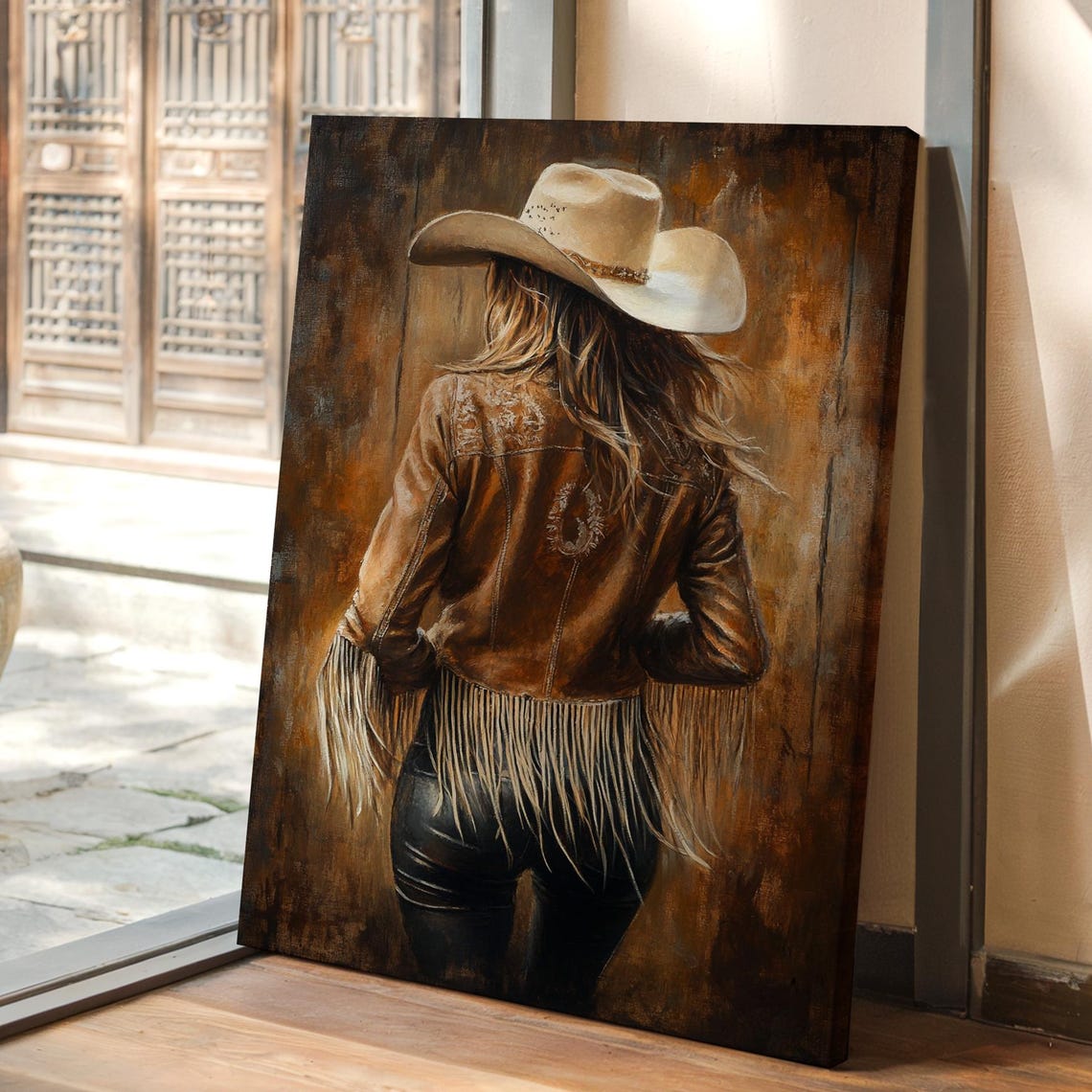 Western Cowgirl In Leather Fringe Jacket Rustic Wall Art For Country Farmhouse And Ranch Home Decor