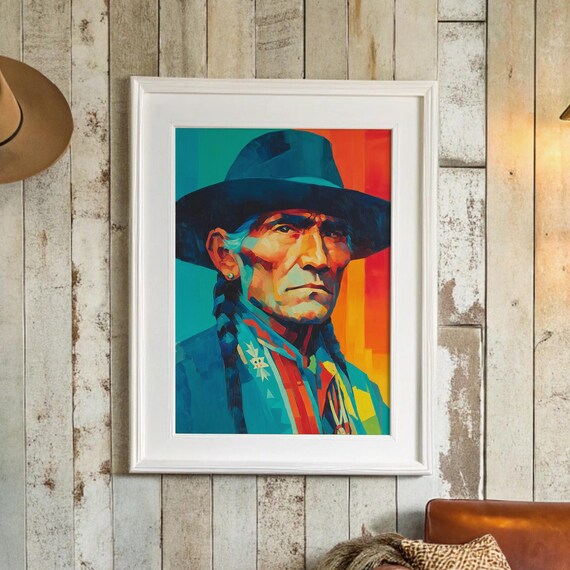 Southwestern Cowboy Portrait Turquoise Orange Modern Western Print