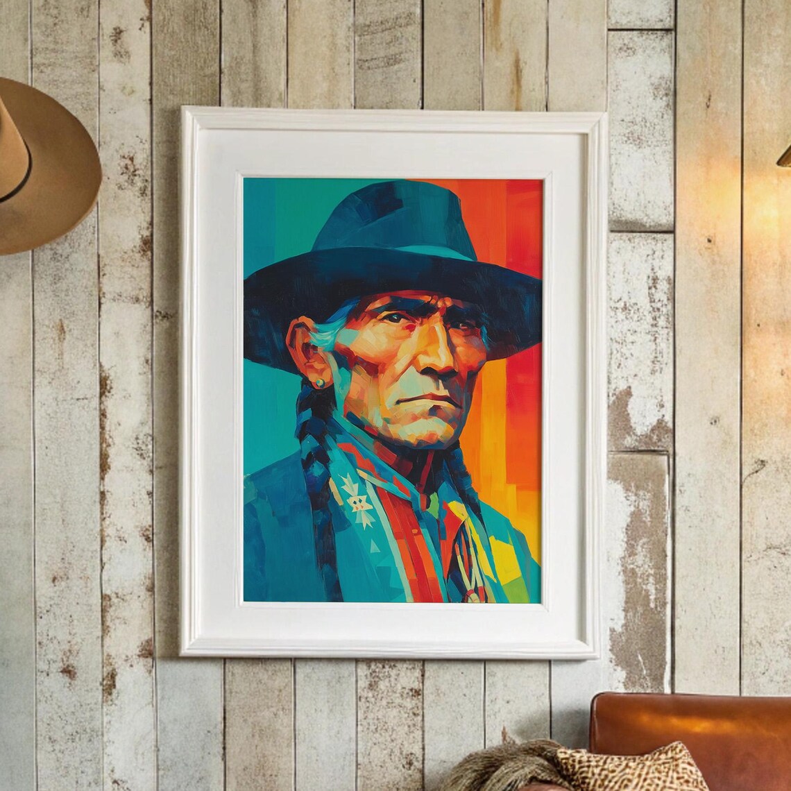 Southwestern Cowboy Portrait Turquoise Orange Modern Western Print